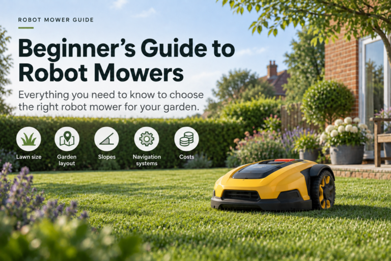 Beginner’s guide to robot lawn mowers for UK gardens, with a yellow robot mower on a lawn.
