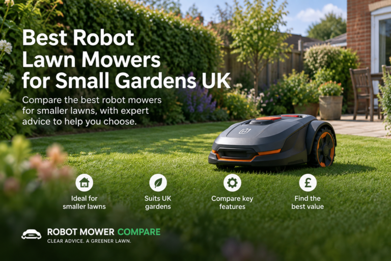 Robot lawn mower in a small UK garden