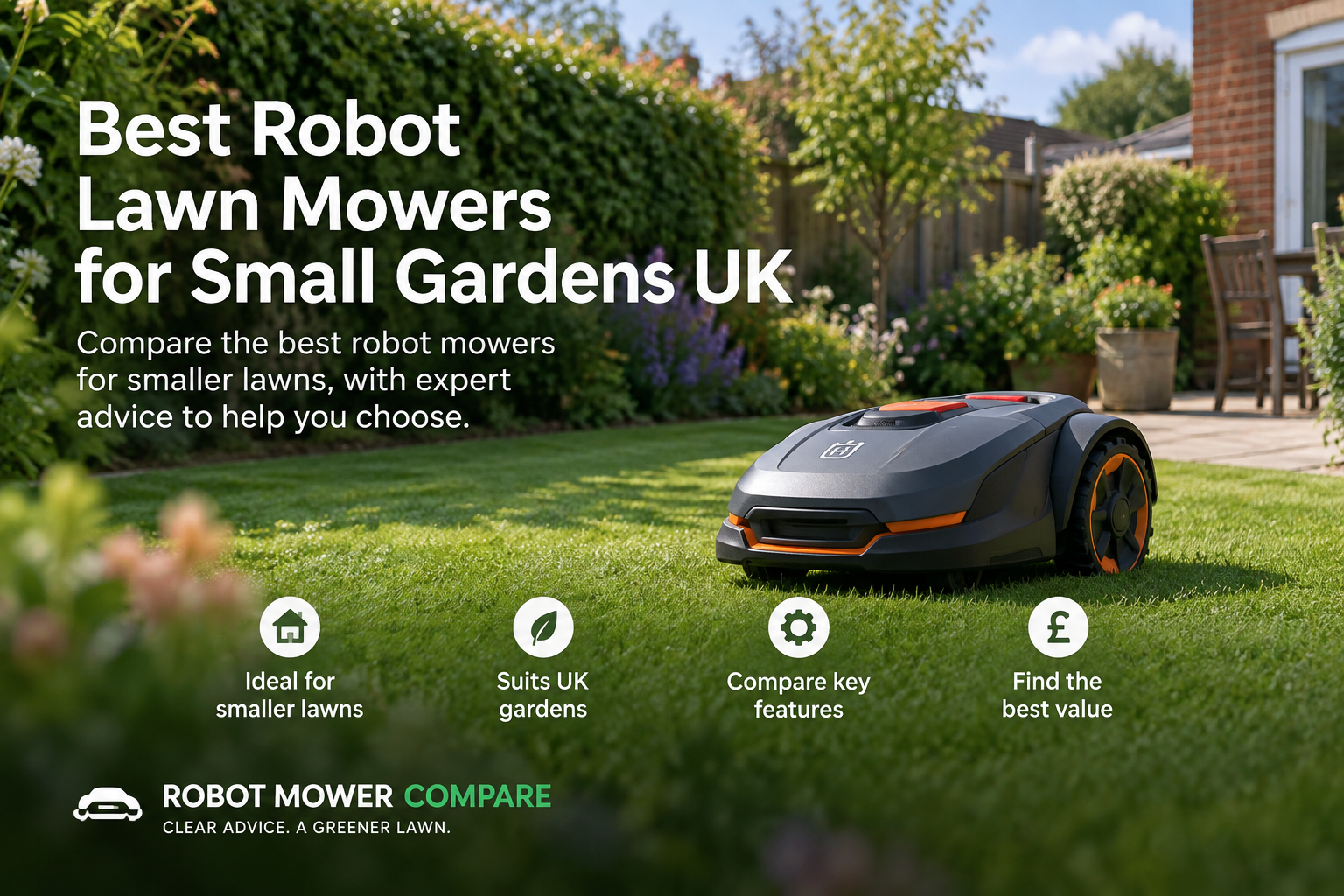 Robot lawn mower in a small UK garden