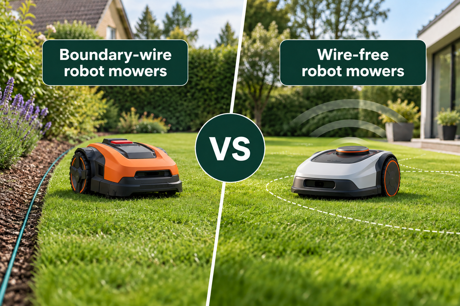 Boundary-wire vs wire-free robot lawn mowers in a UK garden, comparing traditional boundary wire with wireless navigation.
