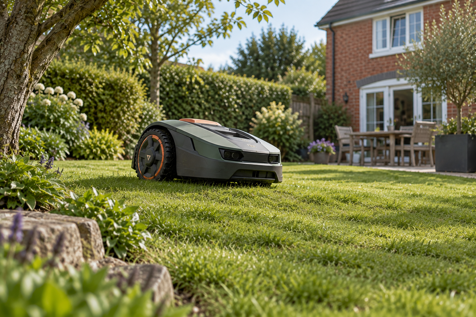 Robot lawn mower navigating a slightly uneven lawn in a UK garden.