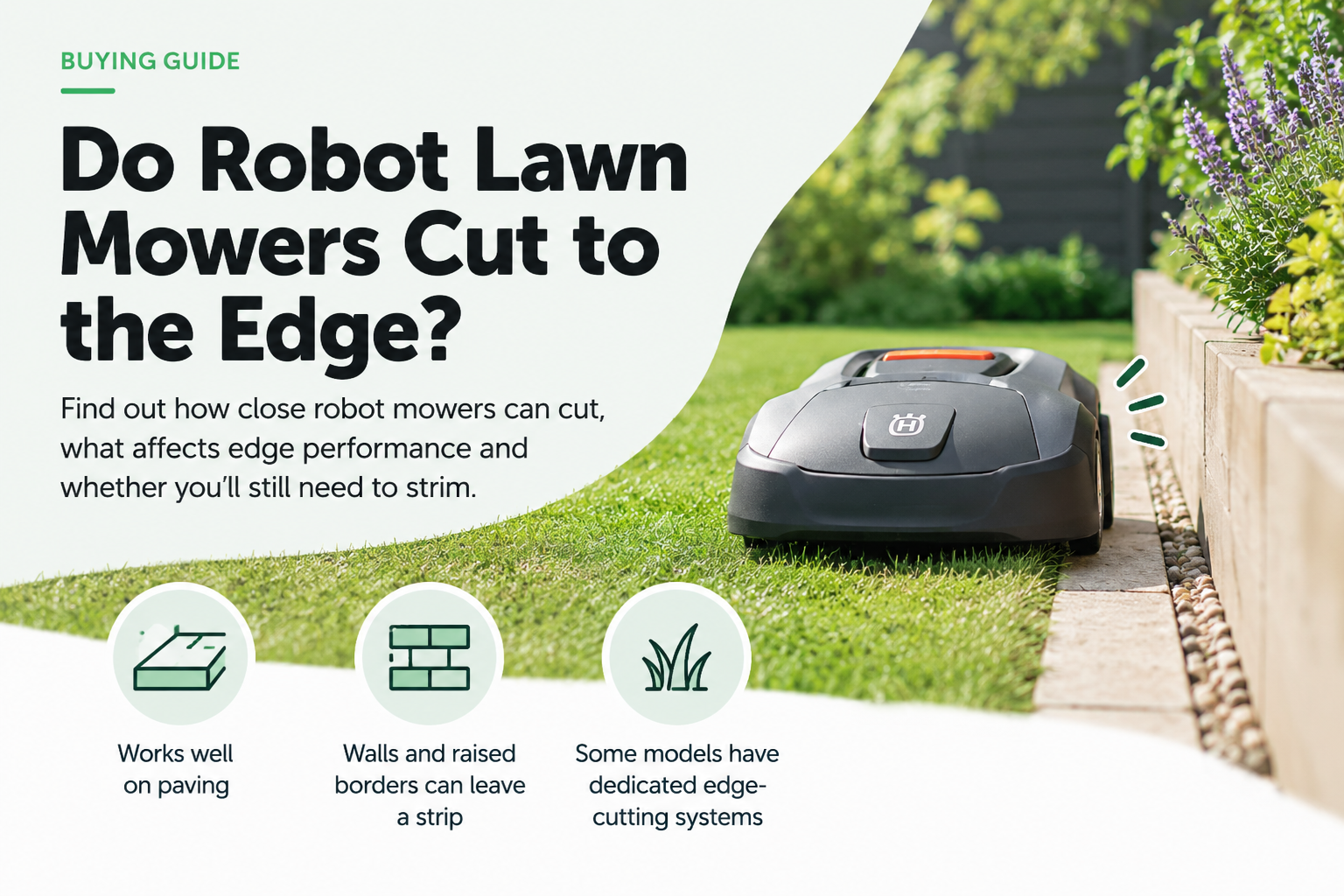 Robot lawn mower cutting close to a paved edge beside a raised garden border