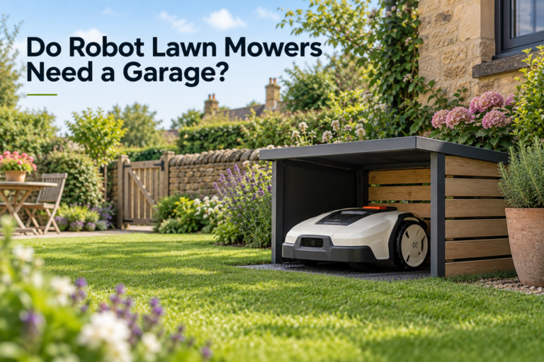 Robot lawn mower parked inside a garage shelter in a UK garden.