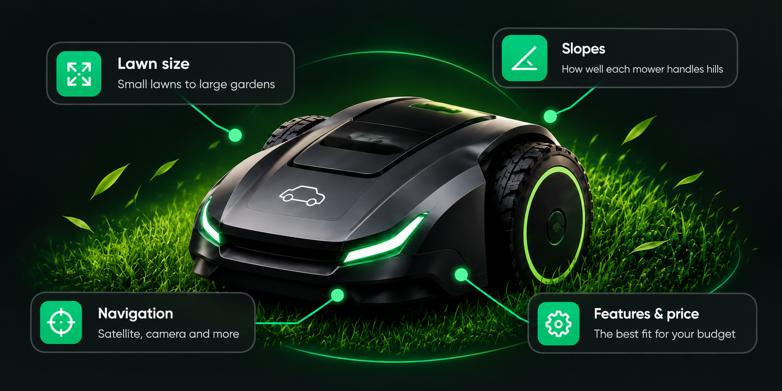 Robot mower comparison showing lawn size, slopes, navigation, features and price