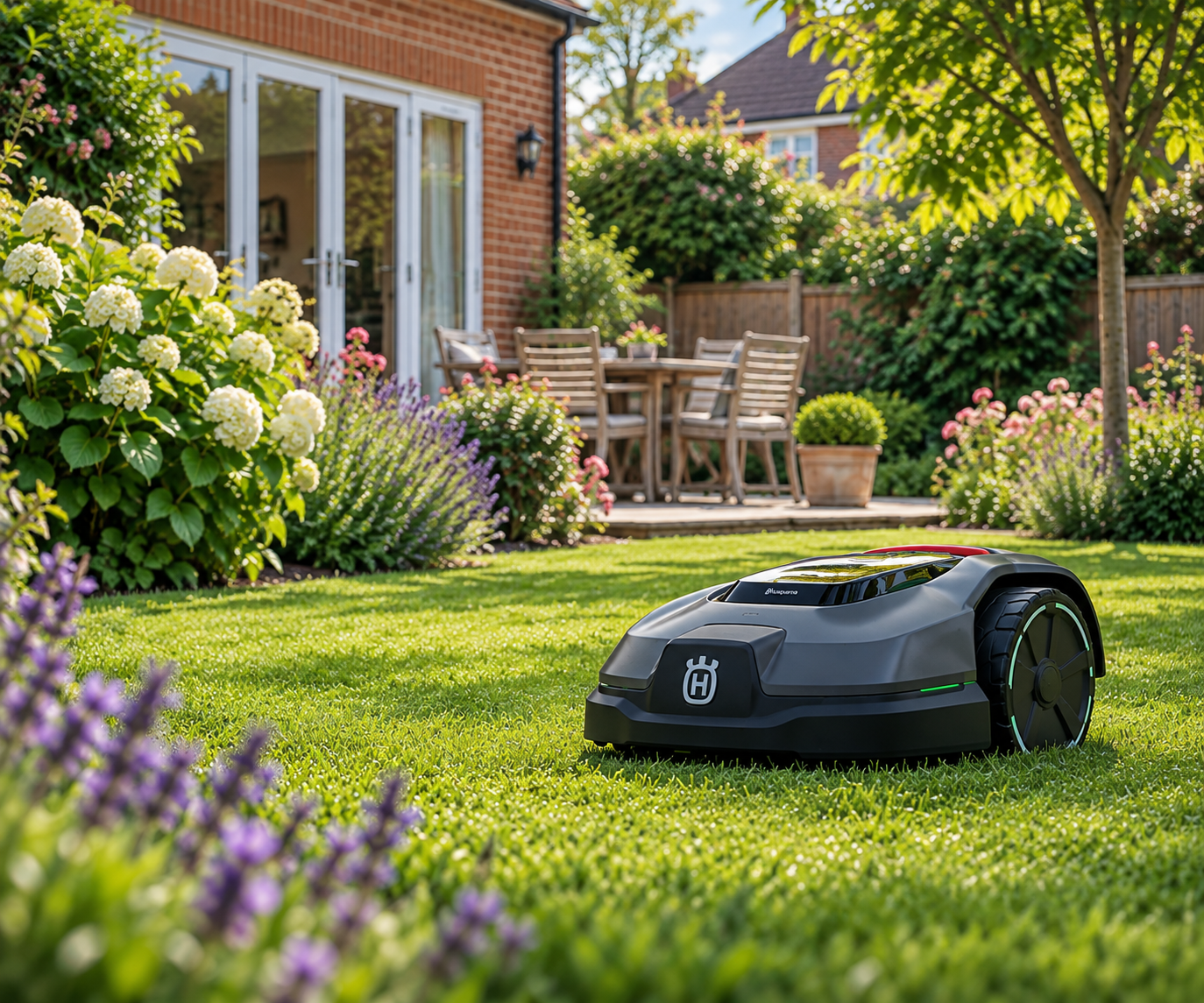 Robot mower operating in a UK garden