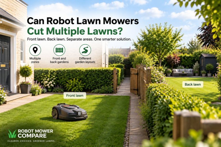 Robot lawn mower in a UK garden with separate front and back lawns connected by a gated path
