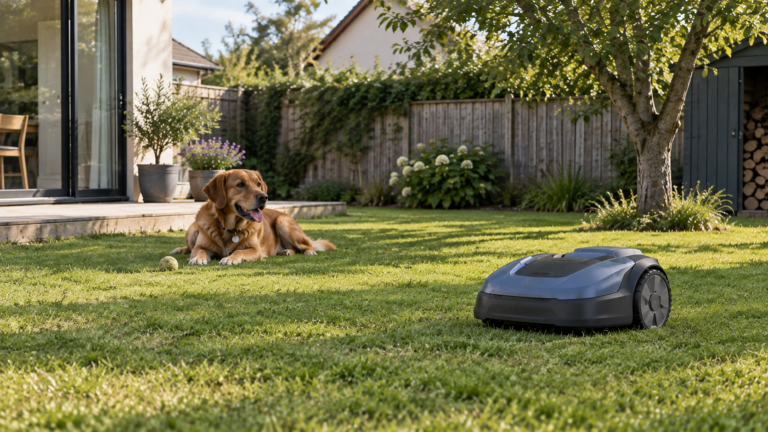 Robot lawn mower operating in a UK garden with a dog resting safely away from the mower