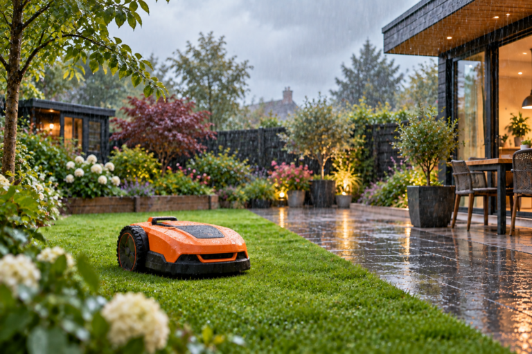 Robot lawn mower cutting wet grass in a modern UK garden during heavy rain