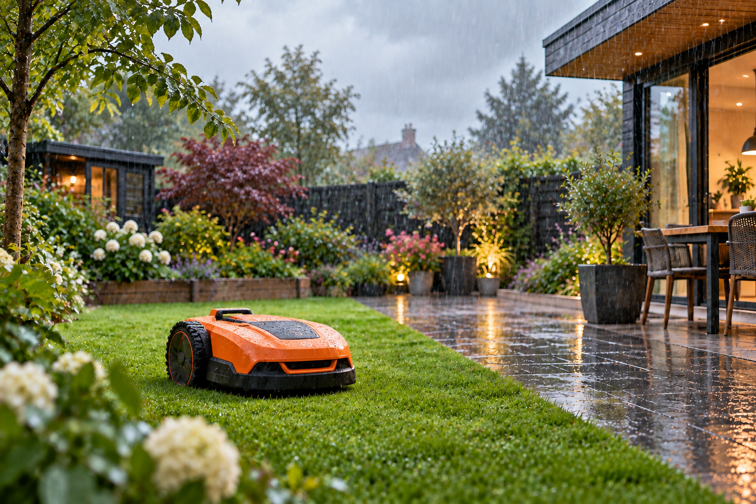 Robot lawn mower cutting wet grass in a modern UK garden during heavy rain