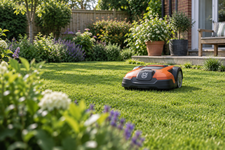 Orange robot lawn mower cutting grass in a sunny UK garden