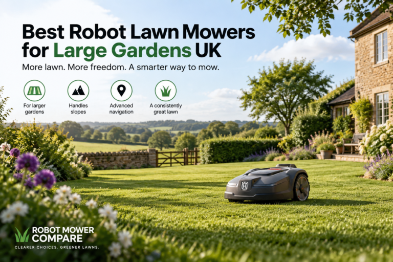 Robot lawn mower cutting a large UK country garden with sloping lawn