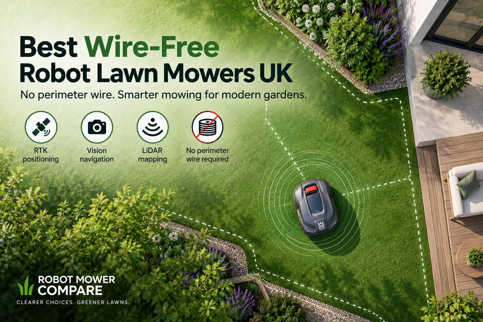 Overhead view of a wire-free robot lawn mower navigating a UK garden using RTK, vision and LiDAR technology